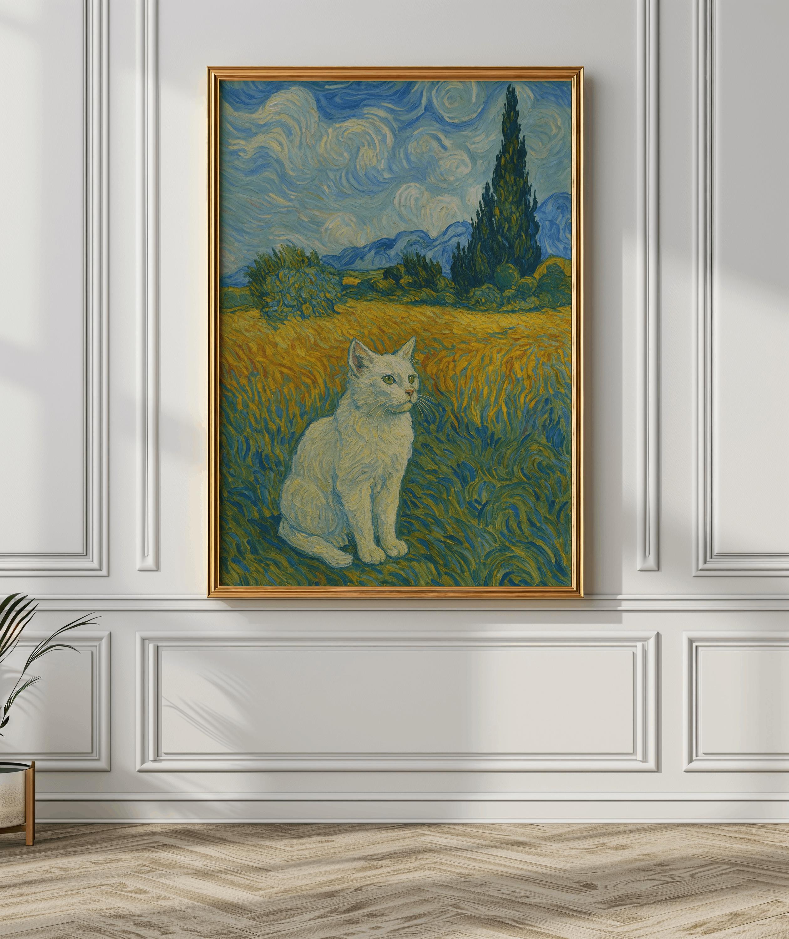 ゴッホの猫のアートプリント：麦畑の白い猫（デジタルダウンロード
