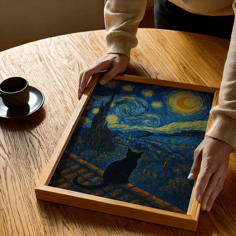 星月夜の猫アートプリント：ゴッホ風（デジタルダウンロード） 画像 4