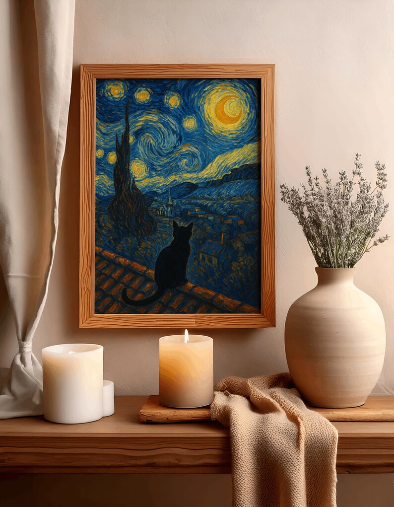 星月夜の猫アートプリント：ゴッホ風（デジタルダウンロード） 画像 5