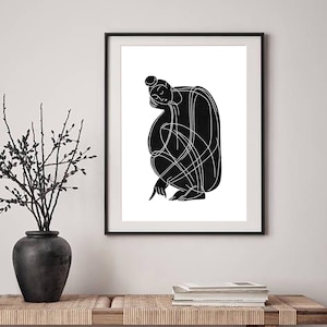 Linograbado de la serie “En Pensamientos”, primera hoja, 50 x 70 cm, papel reciclado 250 g/m, pintura soluble en agua.