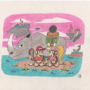 Diddy, Dixie and Rambi Hand Drawn Art Print 8.5x11