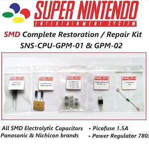 Pode incluir: Um kit completo de restauração e reparo para o Super Nintendo Entertainment System. O kit inclui capacitores eletrolíticos SMD, um regulador de potência e um fusível. O kit é etiquetado como "SNS-CPU-GPM-01 & GPM-02".