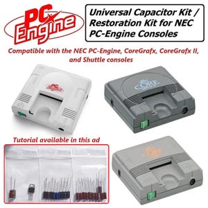 May include: A universal capacitor kit for restoring NEC PC-Engine consoles. The kit includes capacitors, a transistor, and a clear plastic bag. The kit is compatible with the NEC PC-Engine, CoreGrafx, CoreGrafx II, and Shuttle consoles. A tutorial is available in this ad.