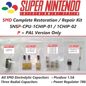 Puede incluir: Un kit completo de restauración y reparación para la Super Nintendo Entertainment System. El kit incluye condensadores electrolíticos SMD, condensadores radiales, un regulador de voltaje y un fusible. El kit es para la versión PAL de la consola únicamente. El texto en el embalaje dice "SNSP-CPU-1CHIP-01/1CHIP-02 P = PAL Version Only".