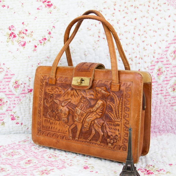 Hariette, French Vintage, Tan Tooled Leather Satchel, 1960s Handbag from Paris