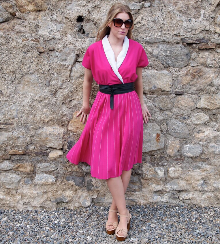 Cécile French Vintage Pleated Hot Pink Pink Midi Dress From Etsy