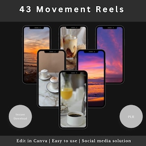 Könnte beinhalten: Ein Set mit 43 Social-Media-Reels mit Bildern eines Sonnenuntergangs, einer Tasse Kaffee und einem Glas Orangensaft. Die Reels sind für die Verwendung auf Plattformen wie Instagram und TikTok konzipiert. Der Text "Sofortiger Download" und "PLR" ist auf dem Bild sichtbar.