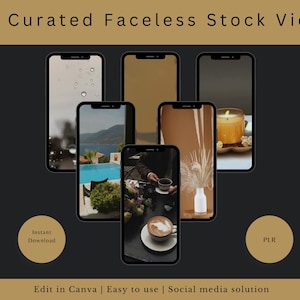 Pode incluir: Uma coleção de 80 vídeos de stock sem rosto, cuidadosamente selecionados para mídia social. Os vídeos são exibidos em telas de telefone com várias cenas, incluindo uma piscina, uma vela e uma xícara de café. O texto "Download instantâneo" e "PLR" também está visível.