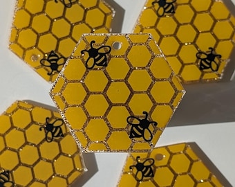 Bumblebee Honeycomb-sleutelhanger - zeshoekige glitterhars