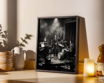 Vintage Beach Club Jazz Trio Print, 1950s Photo Realistic Coastal Nightlife Wall Art, Printable Digital Download Set of 5 Sizes