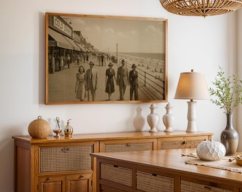 1940s Vintage Boardwalk Evening Photo, Sepia Coastal Print, Retro Seaside Wall Art (Digital Download)