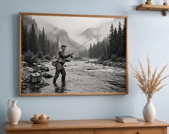 Vintage Fly Fisherman Print, 1940s Fishing Photo Realistic Wall Art, Retro Sports Poster, Printable Digital Download Set of 5 Sizes