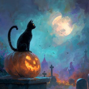 Puede incluir: Un gato negro con ojos amarillos brillantes está sentado sobre una calabaza tallada. La obra de arte con temática de Halloween presenta una luna llena, un cementerio y un cielo oscuro y nublado. El gato mira hacia la derecha.