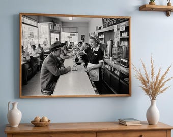 Vintage Diner Waitress Print, 1950s Photo Realistic Wall Art, Retro Diner Decor, Printable Digital Download Set of 5 Sizes
