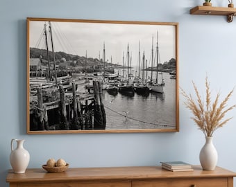 Vintage Harbor Sailboat Print, 1950s Photo Realistic Coastal Wall Art, Nautical Marina Decor, Printable Digital Download Set of 5 Sizes