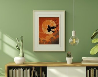 Vintage Halloween Witch Art Print, Retro Gothic Full Moon (Digital Download)