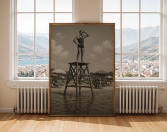 1930s Lifeguard Watchtower Photo, Vintage Beach Print, Retro Coastal Wall Art (Digital Download)