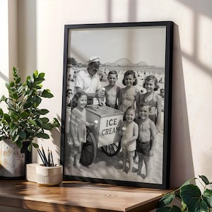 Vintage 1940s Beach Ice Cream Vendor Photo, Black and White Kids Summer Fun, Retro Boardwalk Scene, Nostalgic Wall Art, Collectible Print