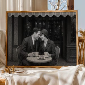Paris Vintage 1920s Romantic Couple Photo Black & White Paris Café Wall Art Decor Antique Love Moment Portrait