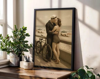 Foto d&#39;epoca di un bacio romantico in spiaggia, marinaio e donna della Marina degli anni &#39;40, ritratto di coppia retrò, arte murale in tonalità seppia, stampa d&#39;amore estiva di metà secolo
