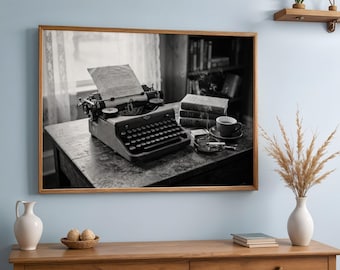 Vintage Seaside Writer's Desk Print, 1940s Typewriter Still Life Photo Realistic Wall Art, Printable Digital Download Set of 5 Sizes