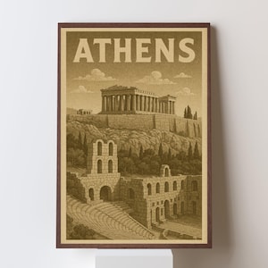 Vintage Athens Poster – Retro Greek Travel Print with Parthenon & Acropolis – Ancient Greece Wall Art – Classic European Decor