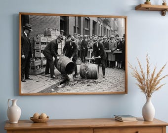 Vintage Prohibition Raid 1920s, Agents Destroying Liquor Barrels, Black and White Wall Art, Printable Digital Download