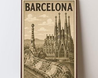 Vintage Barcelona Reiseplakat: Sagrada Familia & Park Güell