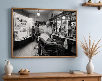 Vintage Barbershop Print, 1940s Straight Razor Shave Photo Realistic, Retro Barber Decor, Printable Digital Download Set of 5 Sizes