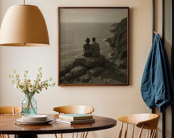 1940er Jahre Romantisches Paar Foto: Vintage Sepia Ozean Felsküste (Digitaler Download)