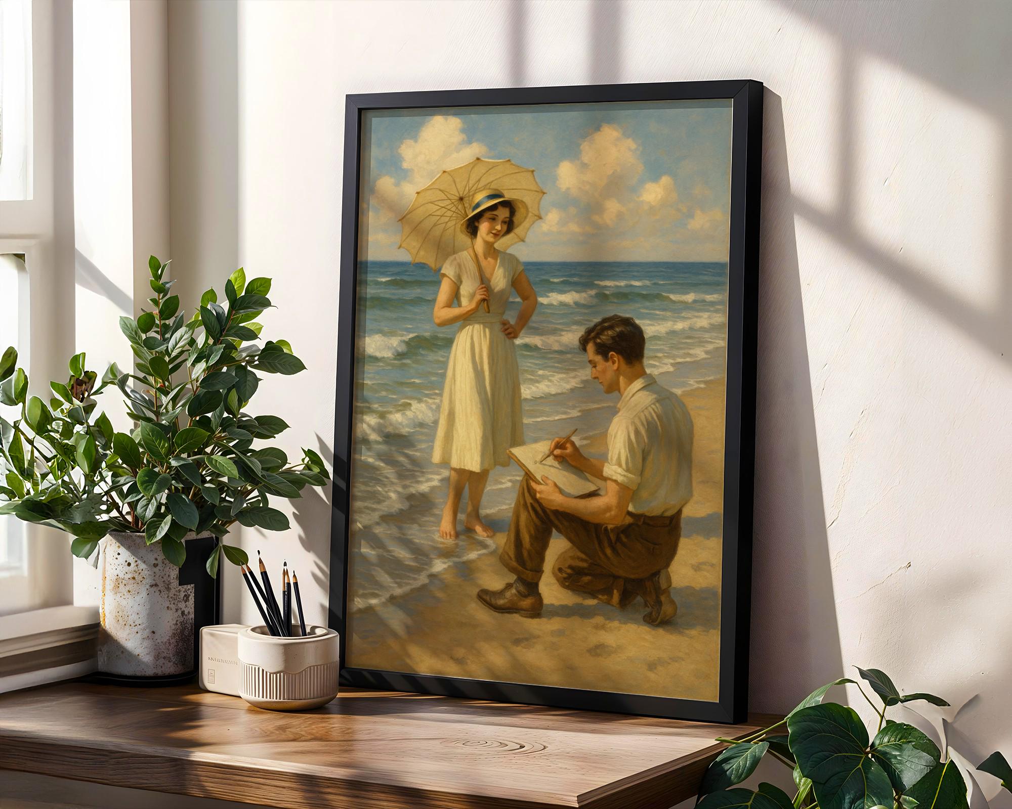 Stampa artistica vintage anni '20 con scena romantica sulla spiaggia, coppia che disegna in riva all'oceano, stile edoardiano, decorazione murale costiera, illustrazione estiva vintage