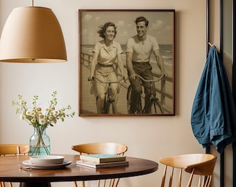 Vintage 1940er Jahre romantisch zu zweit Biken Sepia Foto Print Strand Boardwalk Wand Kunst