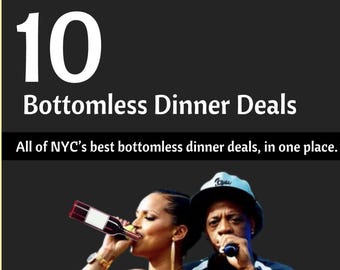 May include: Image with the text "10 Bottomless Dinner Deals" and "All of NYC's best bottomless dinner deals, in one place." A woman is drinking from a wine bottle, and a man is holding a microphone.