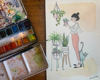Original watercolor painting. Original art. Watercolor and ink 6x9” small unframed painting. Cats. Plants. Interior.