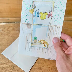 手描きの水彩画のグリーティング カード。5 x 7 の空白カード。新生児、出産のお知らせ、お子様の誕生日、母の日や父の日。