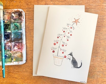 Hand painted watercolor greeting card. Christmas card. Cat holiday Christmas blank card. 5x7” blank funny cat card.