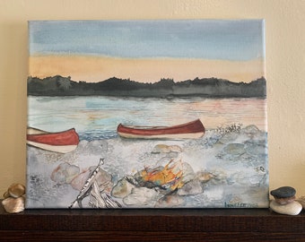 Dipinto originale ad acquerello su tela. Arte da parete 11x14 pollici. Canoe. Arredamento della cabina del lago. All'aperto. La vera avventura del Nord. Remando.