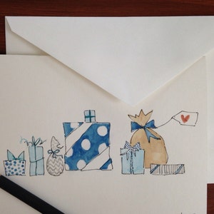 Hand geschilderde wenskaart. Origineel aquarelschilderen. 5x7 lege kaart met envelop. Hanukkah. Child. Baby. Wintervakantie.