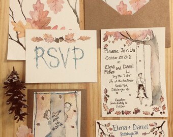 Custom Wedding Suite. Autumn Wedding Invitation Kit Customizable.  Original Watercolor Art and Digital Files Made to Order