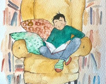 Original watercolor and ink painting, 6 x 9" unframed children's wall art, son, little boy reading original watercolor painting illustration