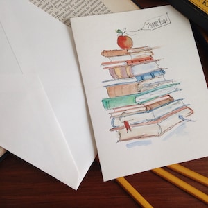 Hand bemalt original Aquarell Grußkarte w / Umschlag, 5 x 7" leer, Danke, Lehrer, Bibliothekar, Graduierung