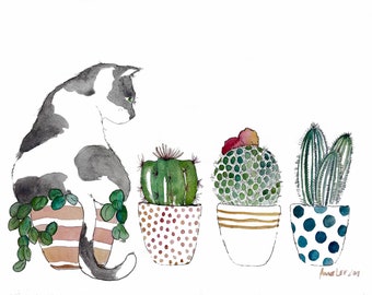 Digital Unframed Print. 8.5x11" reproduction of watercolor and ink illustration.  Cat, Cactus, Cat Lover, Pets watercolor art