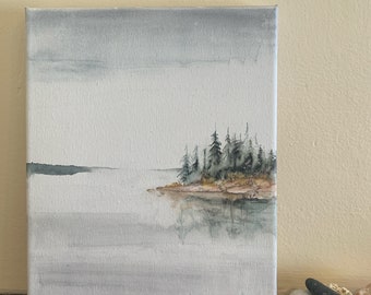 Original watercolor painting on canvas. 8x10” painting. Landscape. Woods. Lake. Shoreline. Outdoors. Original art.