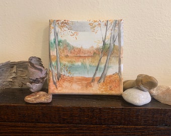 Original watercolor painting on canvas. 4x4” Tiny painting. Landscape. Woods. Lake. River. Autumn. Outdoors. Original art.