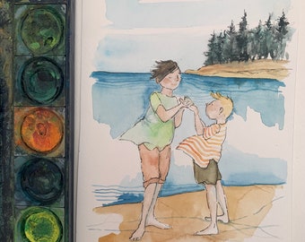 Original watercolor painting. 6x9” small I framed original art. Beach. Seashore. Lake. Nature. Brothers. Boy nursery