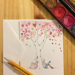Handbemalte Aquarell Grußkarte. 5 x 7 leere Karte. Original Aquarell Kunst Illustration. Valentinstag. Jahrestag. Liebe. Danke.