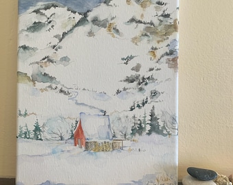 Original watercolor painting on canvas. 8x10” painting. Landscape. Mountain cabin. Snowy cabin. Winter. Outdoors. True North Adventure.