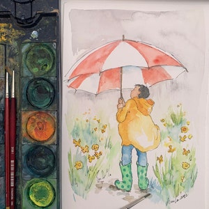 Original watercolor painting. 6x9” watercolor art I framed. Child’s nursery or room decor. Springtime. Boy with umbrella. Daffodils.