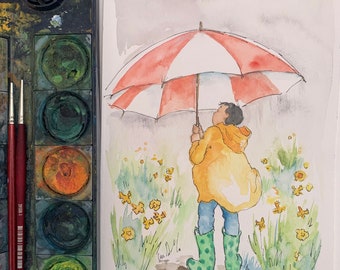 Original watercolor painting. 6x9” watercolor art I framed. Child’s nursery or room decor. Springtime. Boy with umbrella. Daffodils.