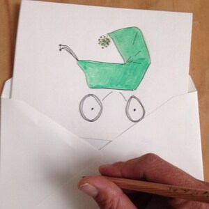 Cartão pintado à mão com envelope. 5x7 em branco. Arte original em aquarela. Novo bebê, chá, Natal, parabéns.